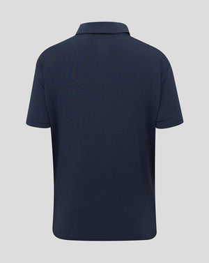 Back view of navy England Rugby Travel Polo with collar and short sleeves