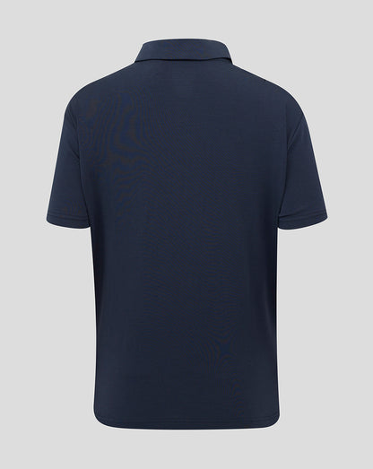 Back view of navy England Rugby Travel Polo with collar and short sleeves