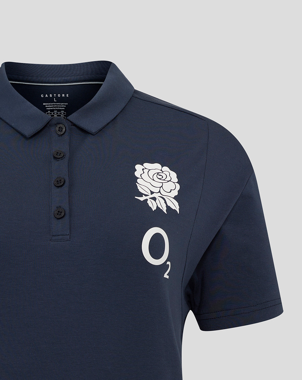 Navy England Rugby Travel Polo with white rose crest on left chest and O2 logo beneath; Castore branding on right chest.