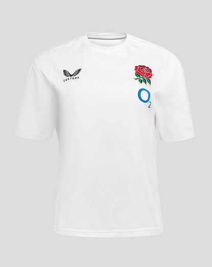 White England Rugby Travel Short Sleeve Tee with Castore logo on the left chest and the rose crest on the right chest
