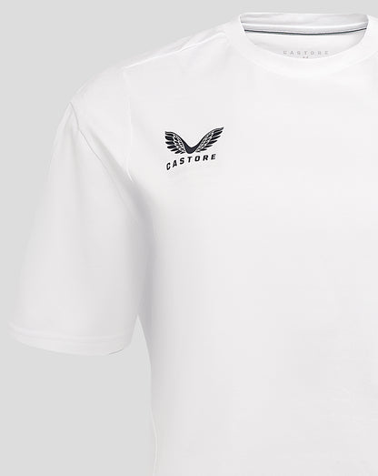 Close up of chest area on white England Rugby travel tee showing Castore logo and neckline detail