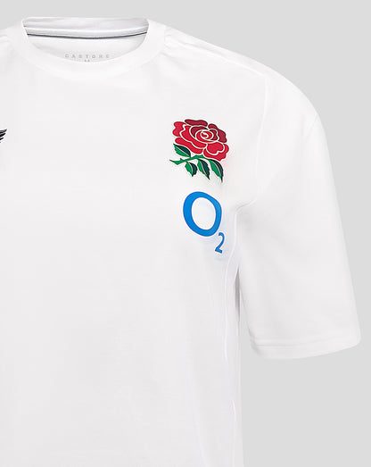 Front view of white England Rugby travel short sleeve tee with rose crest left chest Castore logo right chest and O2 sponsor
