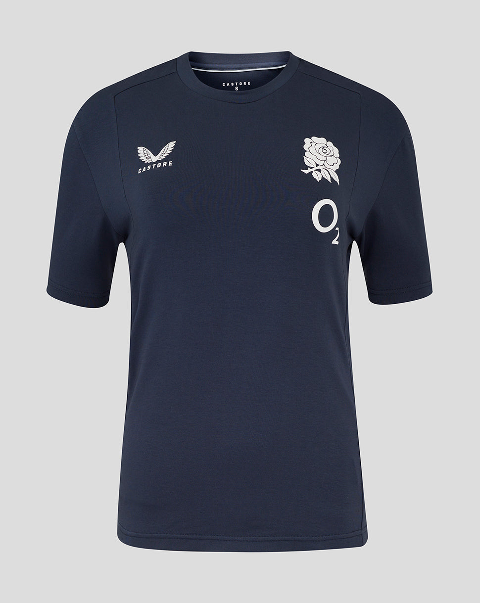 Front view of navy England Rugby Travel Short Sleeve Tee with rose crest on the chest and Castore logo