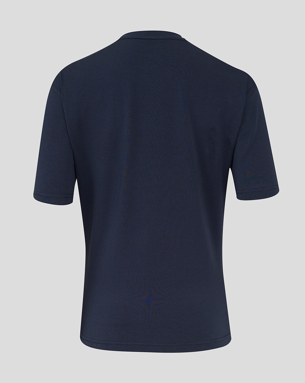 Front view showing round neckline and short sleeves of the navy England Rugby Travel Short Sleeve Tee