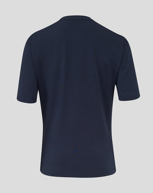 Front view showing round neckline and short sleeves of the navy England Rugby Travel Short Sleeve Tee