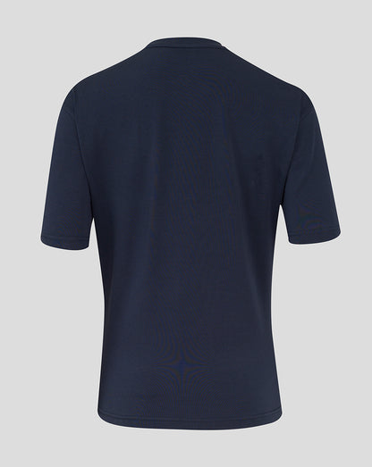 Front view showing round neckline and short sleeves of the navy England Rugby Travel Short Sleeve Tee