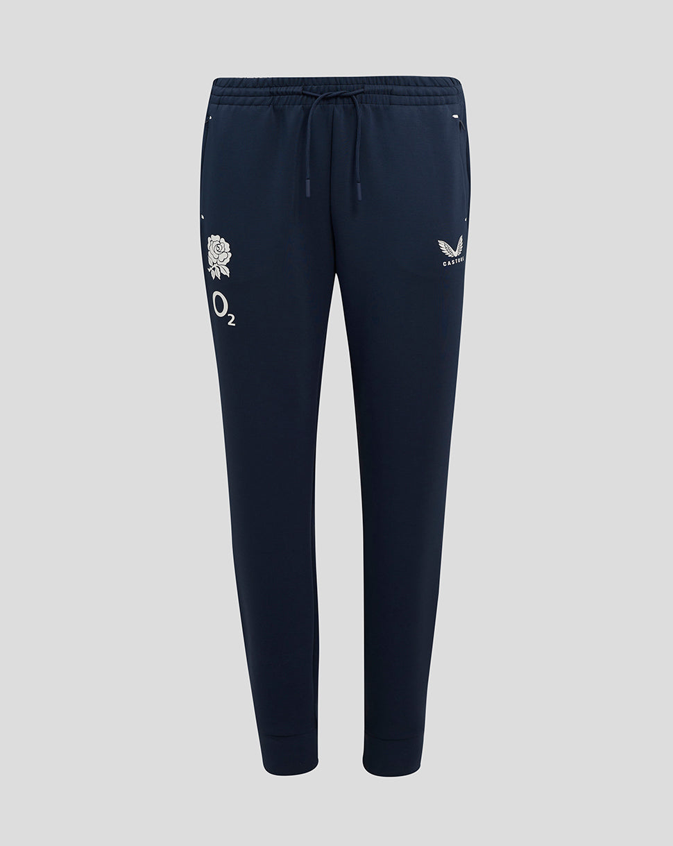 England Rugby women's Travel Knit Pant in Inkwell with rose emblem left thigh and logos on both thighs external drawcords and ribbed cuffs