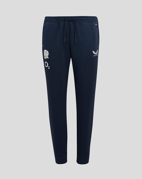 England Rugby women's Travel Knit Pant in Inkwell with rose emblem left thigh and logos on both thighs external drawcords and ribbed cuffs