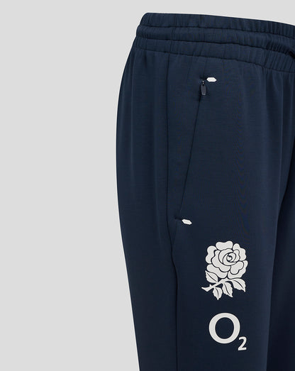 Navy England Rugby Travel Knit Pant close-up showing a side zip pocket and white rose O2 logo on the thigh