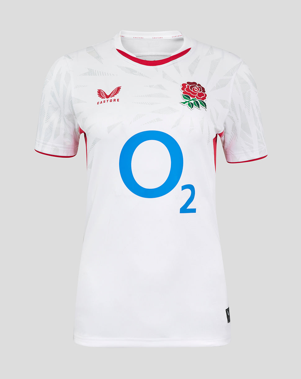 Front view of white Women’s England Rugby Red Roses Pro Shirt with large blue O2 logo and rose crest.