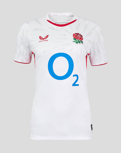 Front view of white Women’s England Rugby Red Roses Pro Shirt with large blue O2 logo and rose crest.