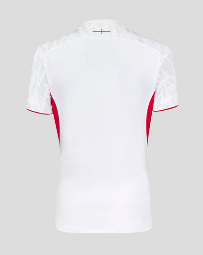 Back view of white England Rugby Red Roses Pro Shirt with subtle shoulder pattern and red neck trim.