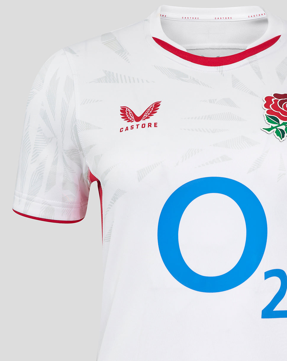 White England Rugby Pro Shirt with red Rose crest on left chest, Castore logo on right chest, and a large blue O2 sponsor on the front.