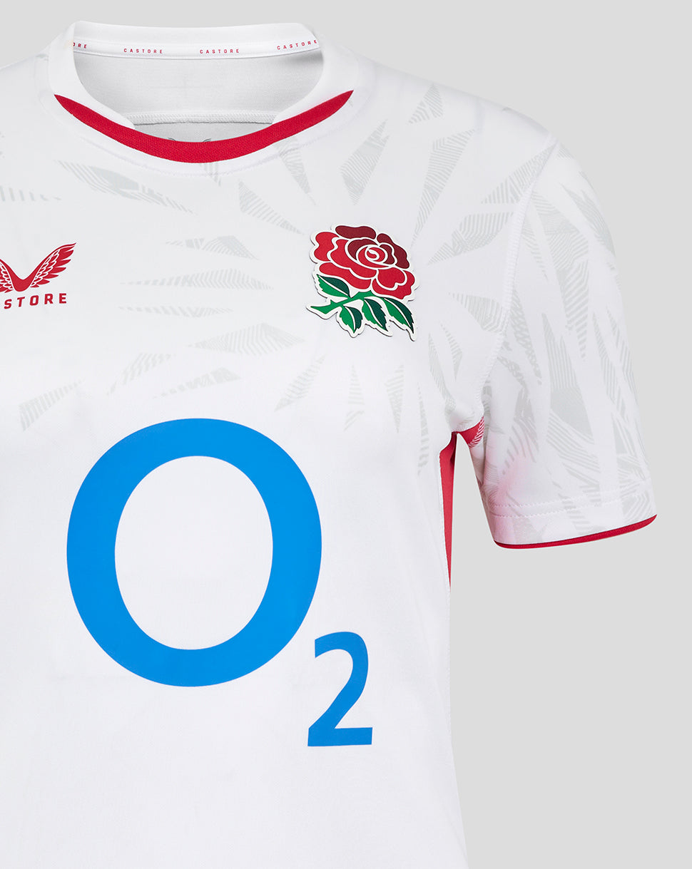 Front view of white England Rugby Pro Shirt showing rose crest on the right chest, Castore logo on the left, and a large blue O2 sponsor.