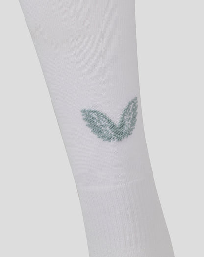 White sock with pale blue and grey geometric pattern around the ankle.