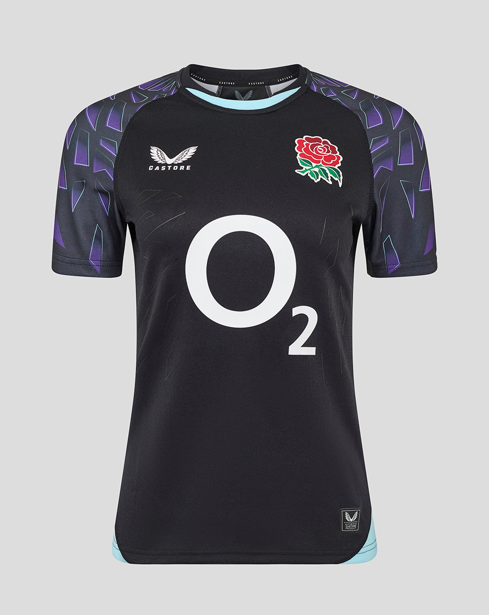 Front view of a black England Rugby Pro Alternate shirt with Rose crest left chest and large O2 sponsor