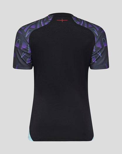 Back view of the black England Rugby Pro Alternate shirt with purple patterned sleeves