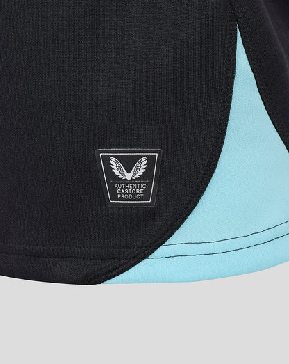 Close-up of black rugby shirt fabric with light blue trim and authentic Castore product patch