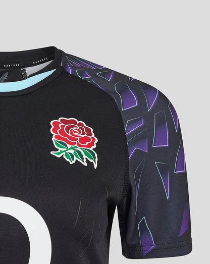 Chest view of black rugby shirt showing red rose crest and large white graphic with purple patterned sleeves