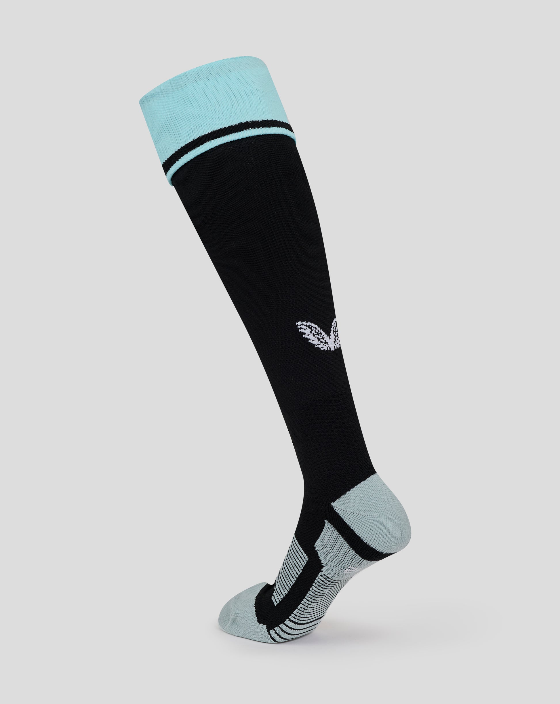 Red Roses Alternate Sock with turquoise cuff and black leg featuring a thin light blue stripe