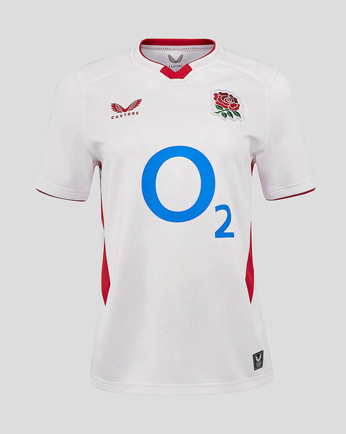 Front view of white England Rugby Home Shirt with rose crest and large blue O2 sponsor.