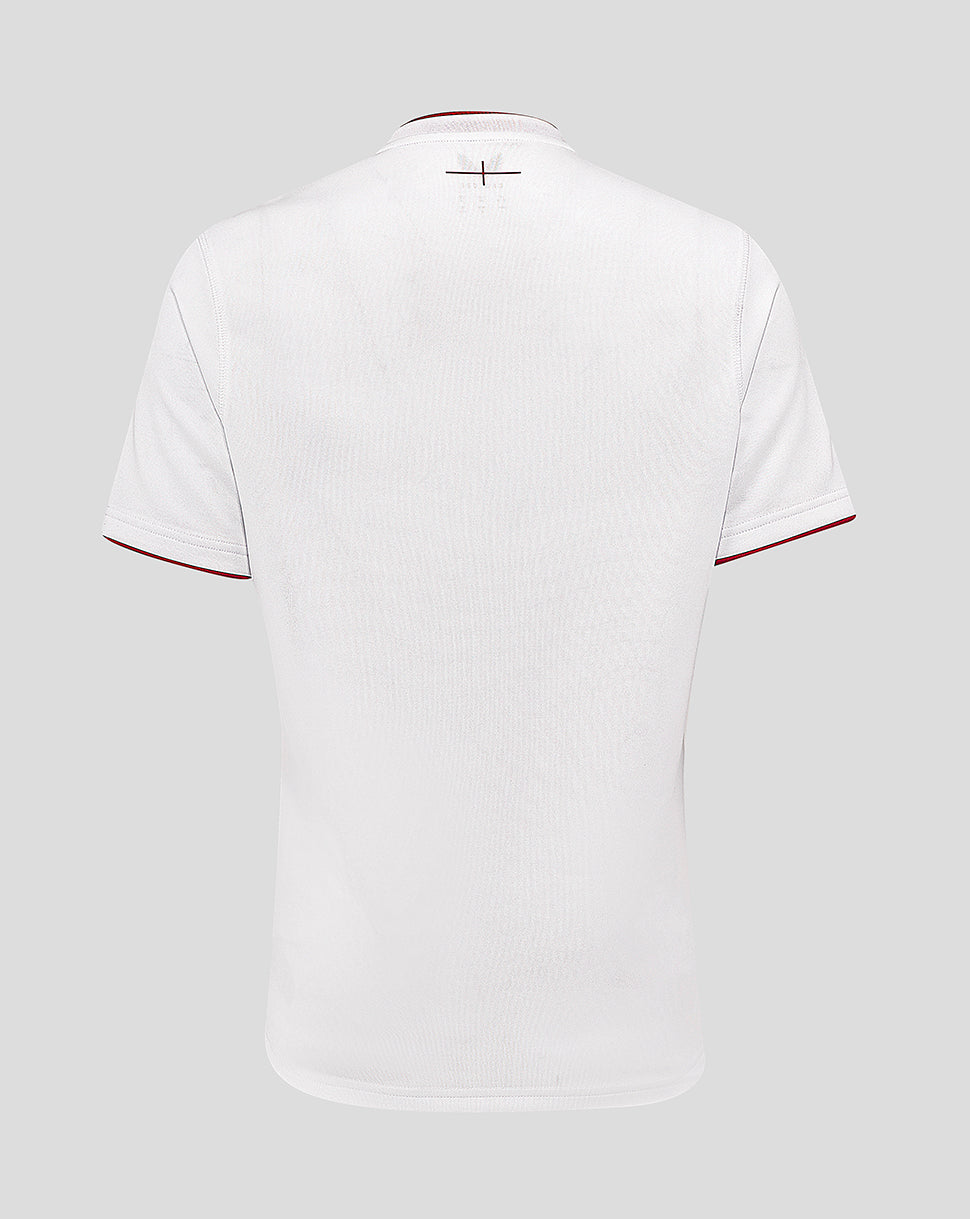 Back view of white England Rugby Home Shirt with red trim at sleeves and neck detail.