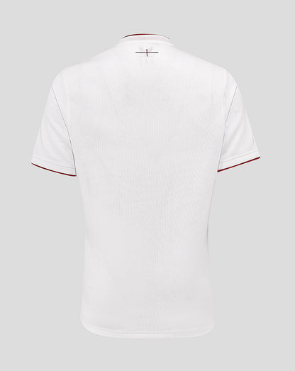 Back view of white England Rugby Home Shirt with red trim at sleeves and neck detail.