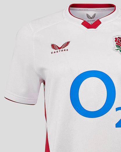 England Rugby Home shirt in white with red collar trim, large blue O2 sponsor across front, rose crest on the chest and Castore branding