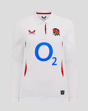 White England Rugby Home Classic long sleeve shirt with rose crest left chest O2 logo center and Castore logo right chest