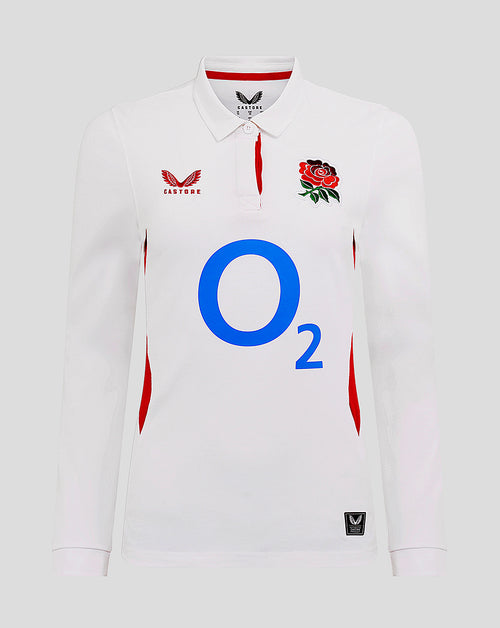 White England Rugby Home Classic long sleeve shirt with rose crest left chest O2 logo center and Castore logo right chest