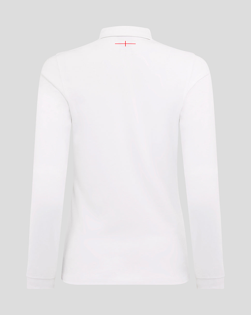Back view of white Women’s England Rugby home classic long sleeve shirt with a simple collar