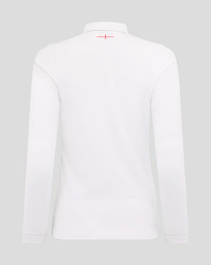 Back view of white Women’s England Rugby home classic long sleeve shirt with a simple collar