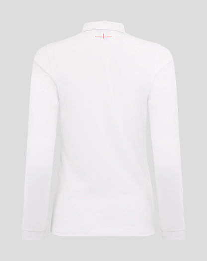 Back view of white Women’s England Rugby home classic long sleeve shirt with a simple collar