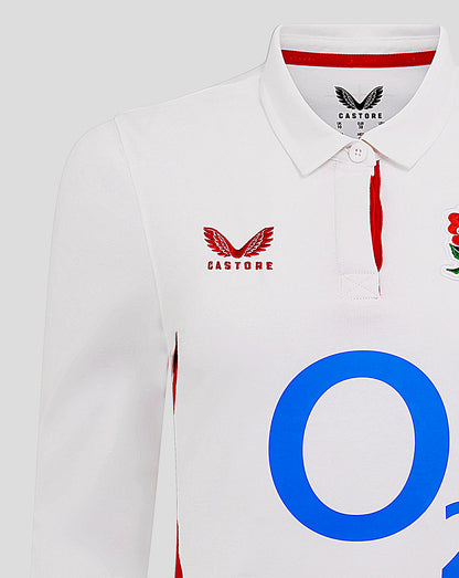 Close-up of white England rugby shirt chest with rose crest Castore logo and a large O2 sponsor graphic