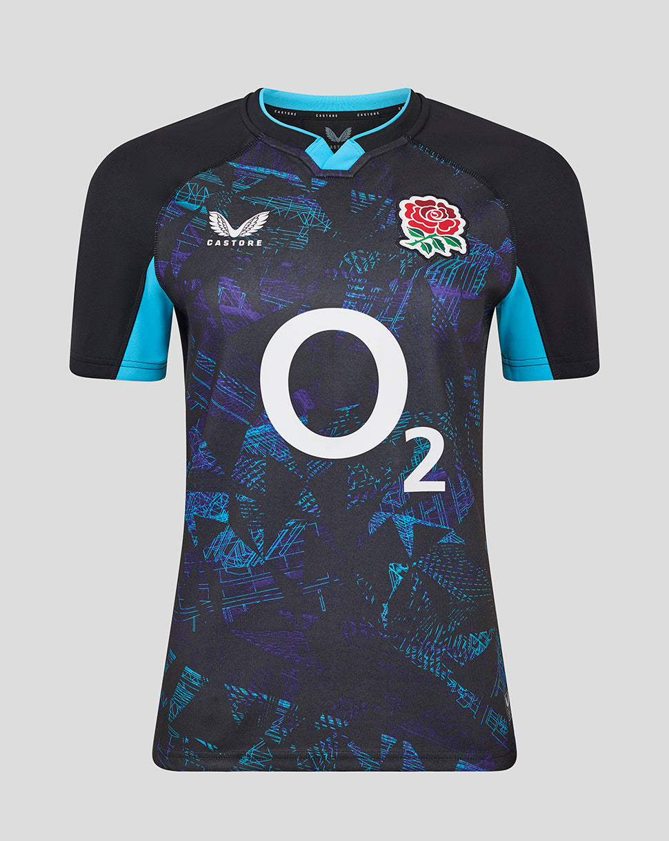 Front view of Women’s England Rugby Alternate Short Sleeve Replica Shirt with rose crest left chest and bold O2 logo.