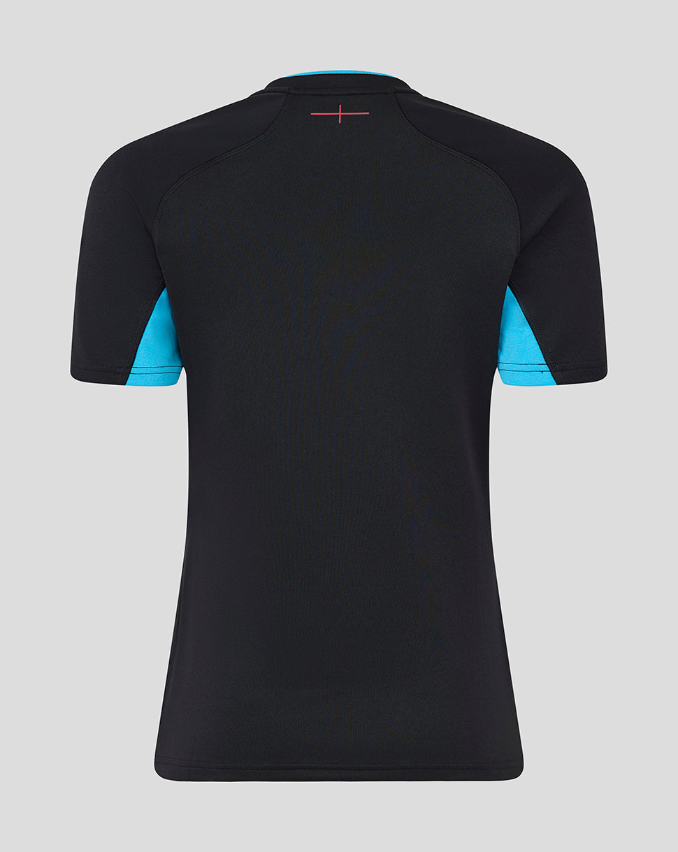 Back view of Women’s England Rugby Alternate Short Sleeve Replica Shirt in black with turquoise side panels.