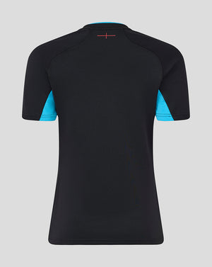 Back view of Women’s England Rugby Alternate Short Sleeve Replica Shirt in black with turquoise side panels.