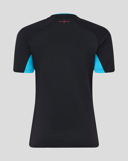 Back view of Women’s England Rugby Alternate Short Sleeve Replica Shirt in black with turquoise side panels.