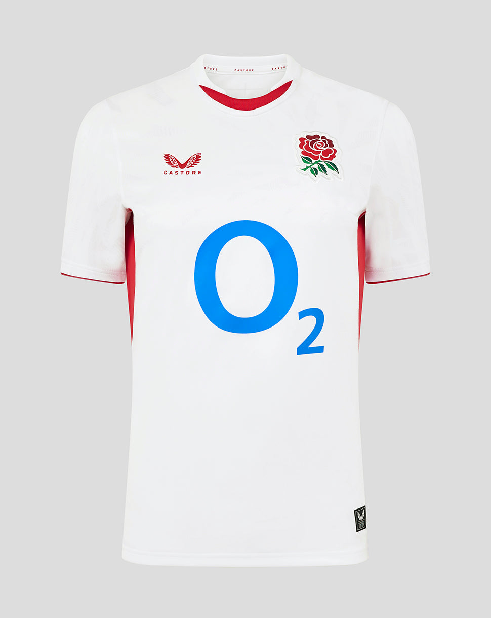 Women’s England Rugby Red Roses Home Replica shirt in white with red rose crest on chest and large blue O2 sponsor across the front