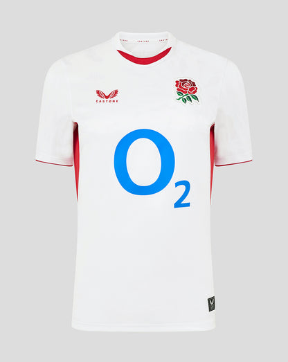 Women’s England Rugby Red Roses Home Replica shirt in white with red rose crest on chest and large blue O2 sponsor across the front
