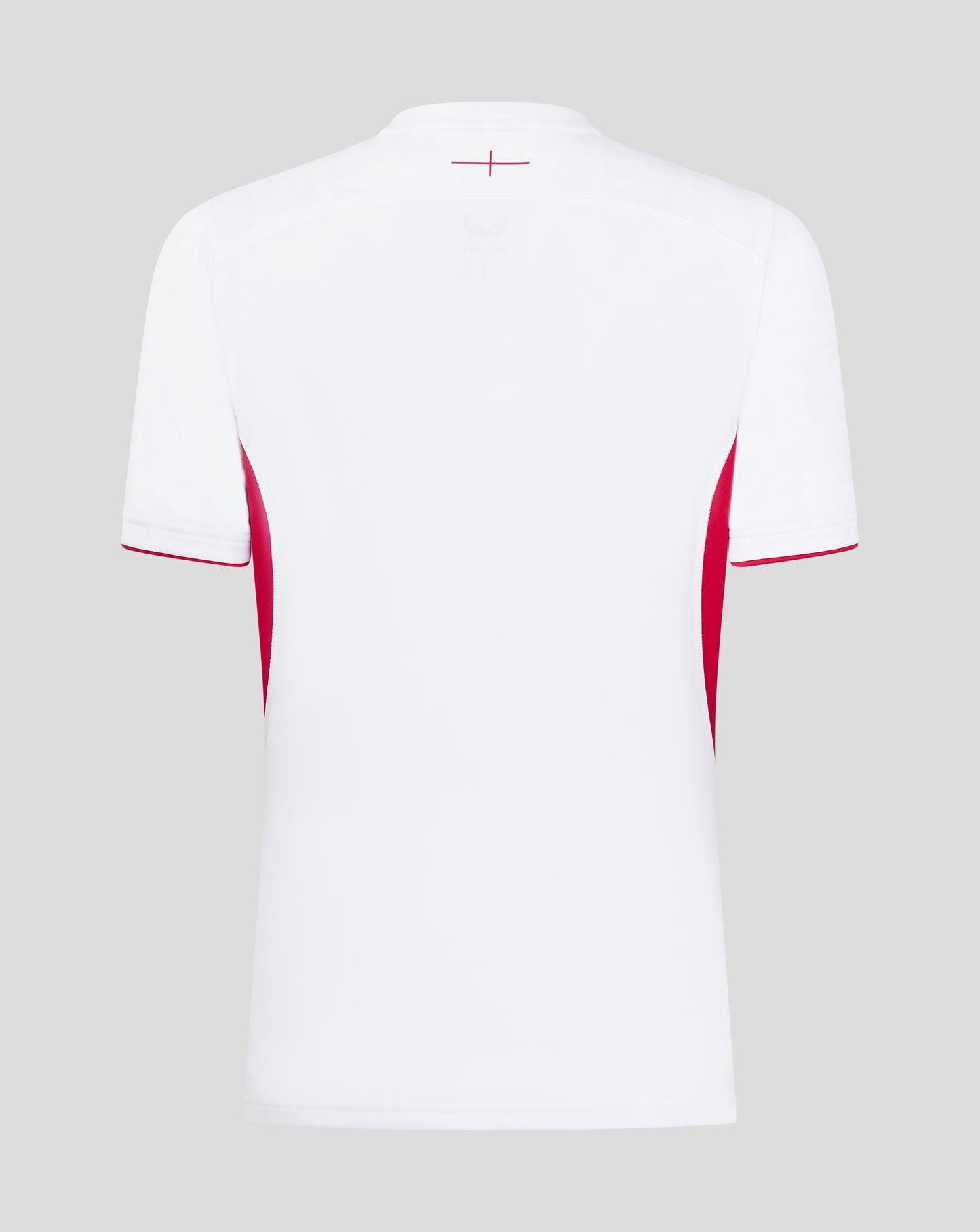Back view of white women's England Rugby home shirt with a small red cross detail at the upper back near the neck