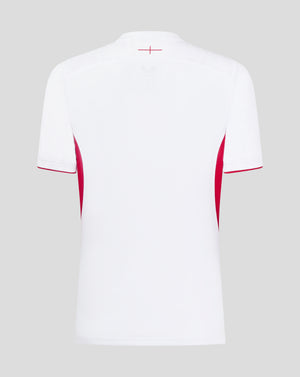 Back view of white women's England Rugby home shirt with a small red cross detail at the upper back near the neck