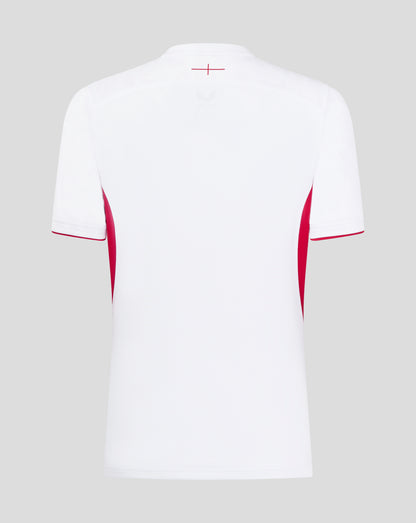 Back view of white women's England Rugby home shirt with a small red cross detail at the upper back near the neck