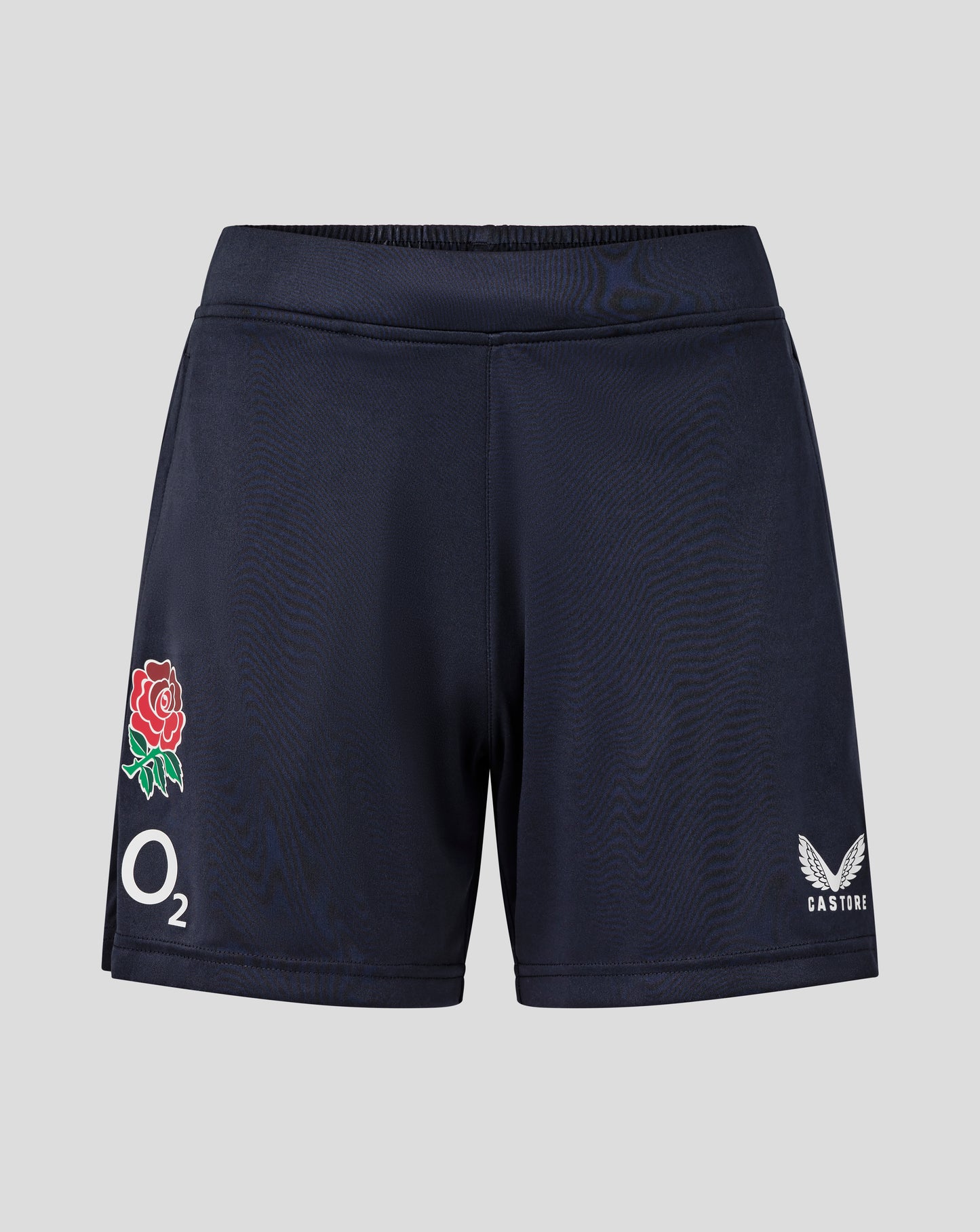 Navy England Rugby Women's Performance Knit Shorts with a red rose badge and O2 branding.