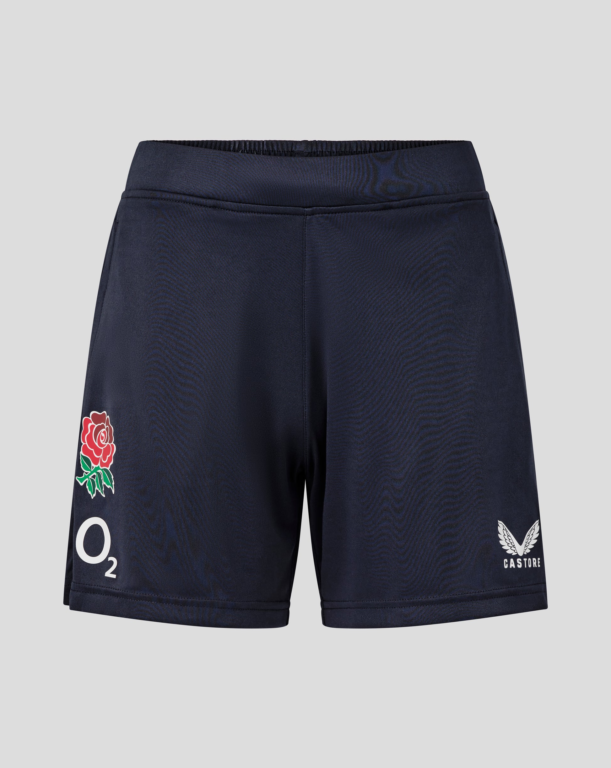 Navy England Rugby Women's Performance Knit Shorts with a red rose badge and O2 branding.