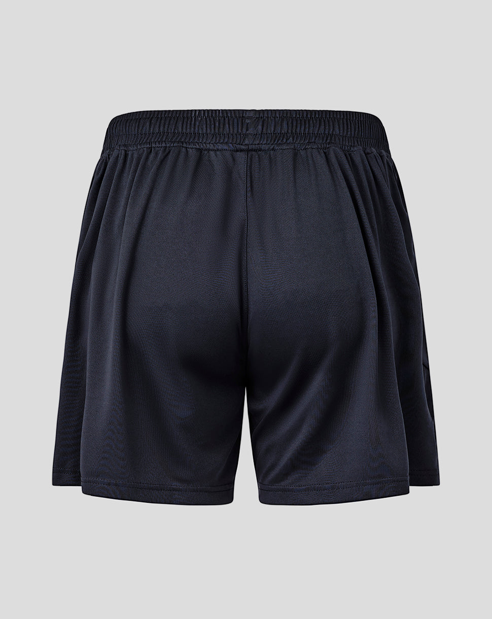 Back view of navy England Rugby Women's Performance Knit Shorts with an elastic waistband