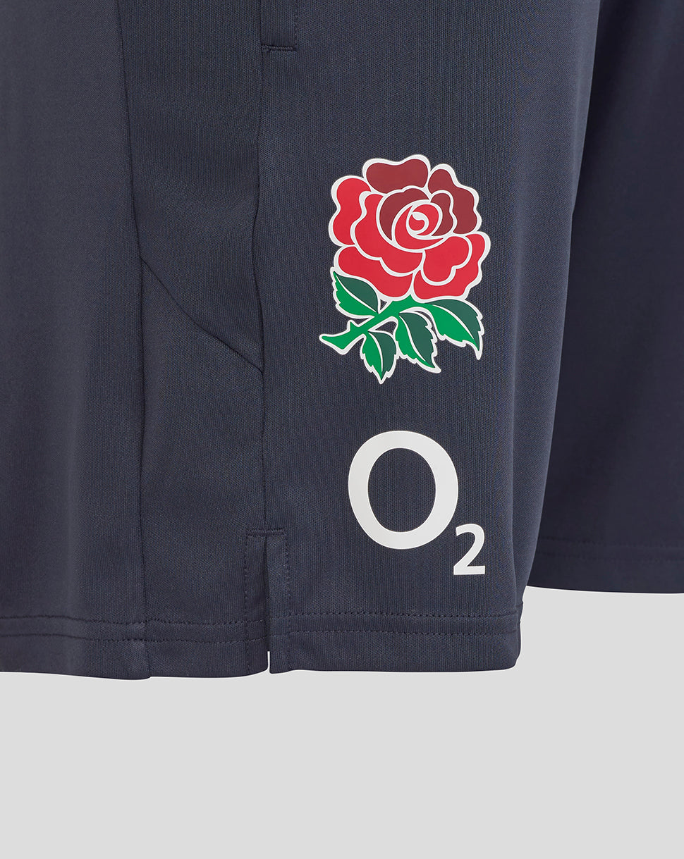 Navy England Rugby women performance knit shorts with a red rose emblem and O2 branding.