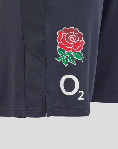 Navy England Rugby women performance knit shorts with a red rose emblem and O2 branding.