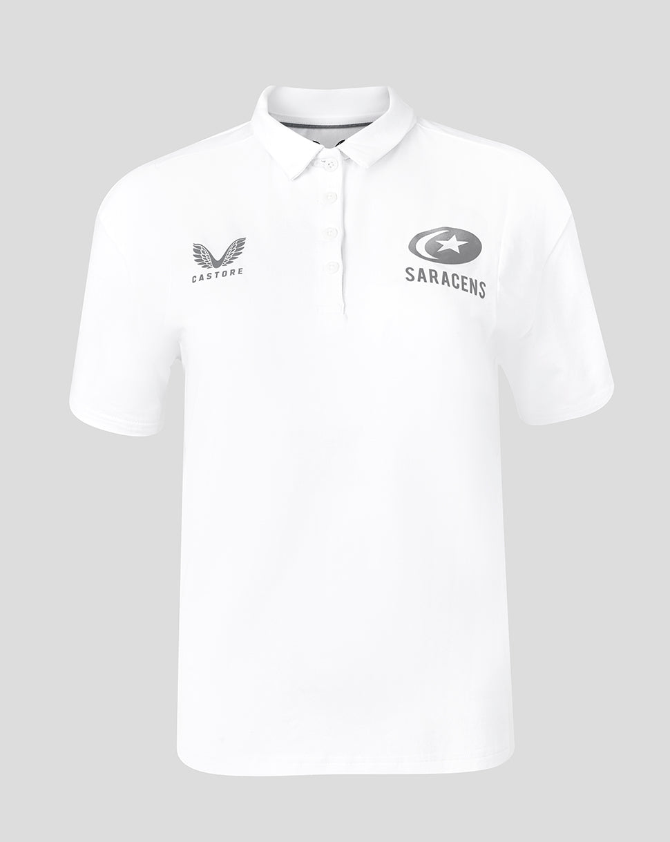 White Saracens polo shirt with Castore logo on left chest and Saracens branding on right chest