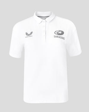 White Saracens polo shirt with Castore logo on left chest and Saracens branding on right chest
